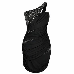 Vintage Y2K Deb Mini Dress Size XL Black Rhinestone Party One Shoulder Bodycon